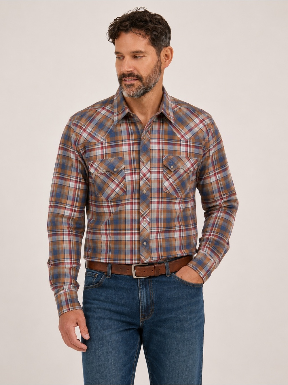 Wrangler Retro Men's Plaid Western Dress Shirt in Brown and Blue